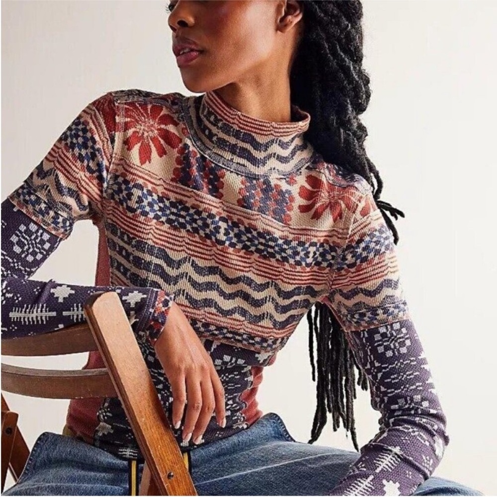 Free People We The Free Denver Layering Blouse Top Long Sleeve Printed Medium